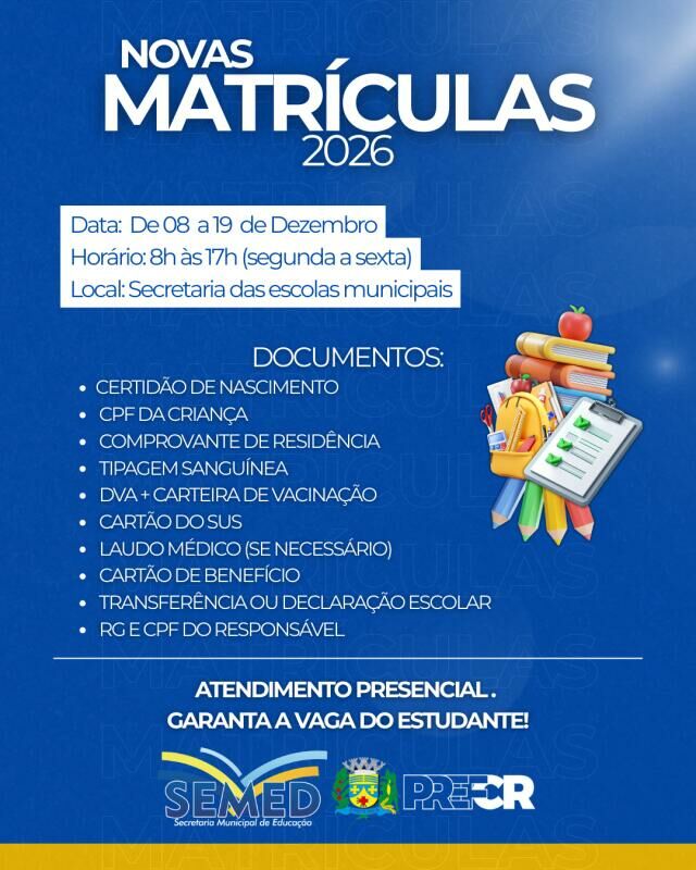 Imagem de compartilhamento para o artigo Matrículas abertas: Prefeitura de Costa Rica inicia período para novos alunos da Rede Municipal de Ensino (REME) da MS Todo dia